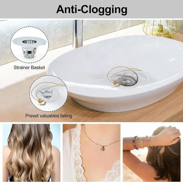 Alt view image 5 of 7 - All Brass Metal Sink Stopper with Hair Catcher | Universal Bathroom Drain Strainer | Anti Clog Filter Basket, Polished Chrome, Fit for 1.08-1.5 Inch Sink Drain Hole