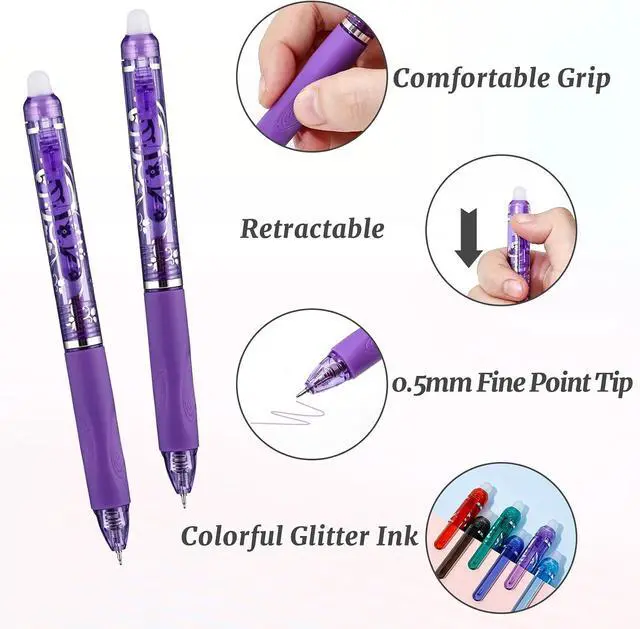 Alt view image 4 of 7 - 6 Pcs Retractable Erasable Pens, Colored Gel Purple Ink Pens Clicker with Erasers, 0.5mm Fine Point Smooth Writing Pen for Journaling Note-Taking Crossword Puzzles Supplies (Purple)