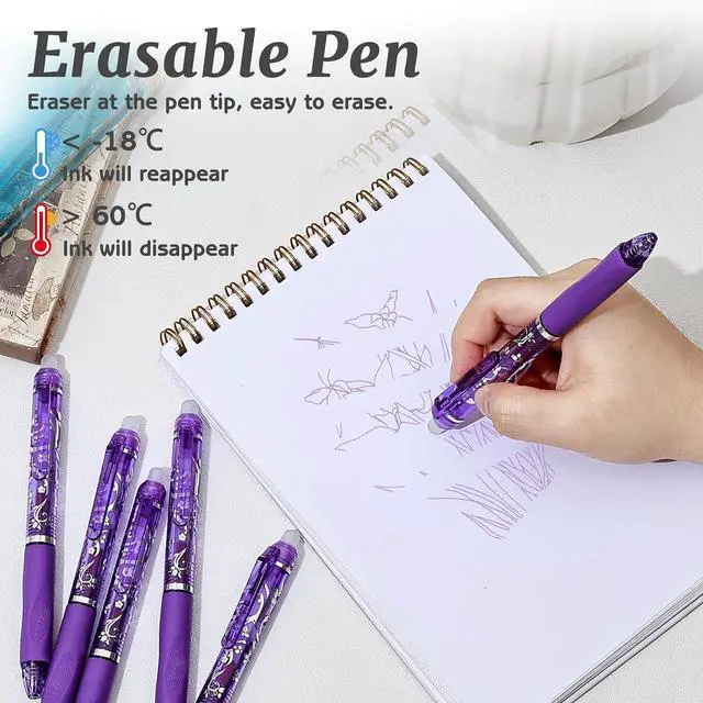 Alt view image 6 of 7 - 6 Pcs Retractable Erasable Pens, Colored Gel Purple Ink Pens Clicker with Erasers, 0.5mm Fine Point Smooth Writing Pen for Journaling Note-Taking Crossword Puzzles Supplies (Purple)