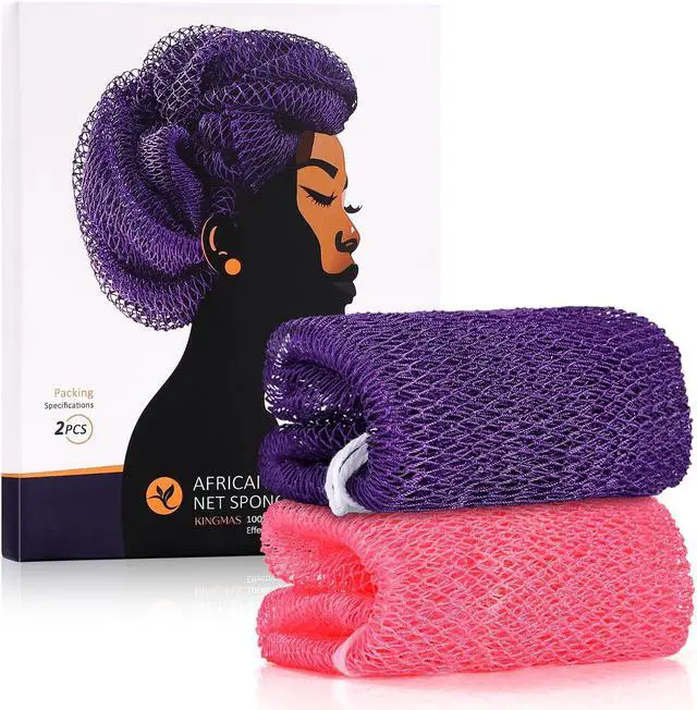 Main image of KINGMAS African Net Sponge, 2 Pieces Exfoliating Body Scrubber Bath Sponge | Authentic Nylon with Knots, Back Scrubber Washcloth for Shower, Body Care Bathing (Purple & Pink)