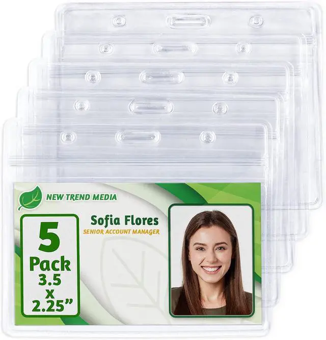 Main image of ID Card, Name Tag, Badge Holders - 3.5x2.25, 5 PK, Horizontal Sealable | EcoEarth clear plastic identification card holders with soft edge and zipper seal, pre-punched holes for all lanyard clips