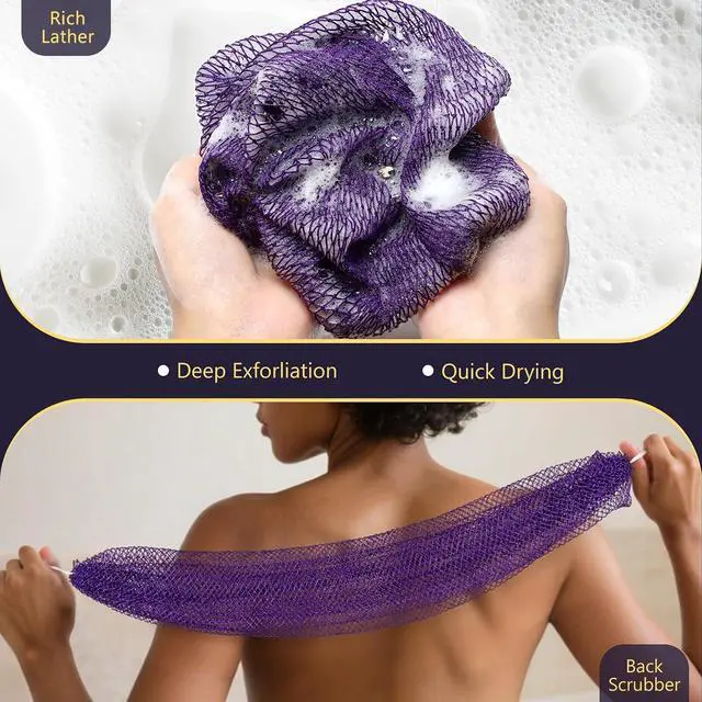 Alt view image 5 of 7 - KINGMAS African Net Sponge, 2 Pieces Exfoliating Body Scrubber Bath Sponge | Authentic Nylon with Knots, Back Scrubber Washcloth for Shower, Body Care Bathing (Purple & Pink)