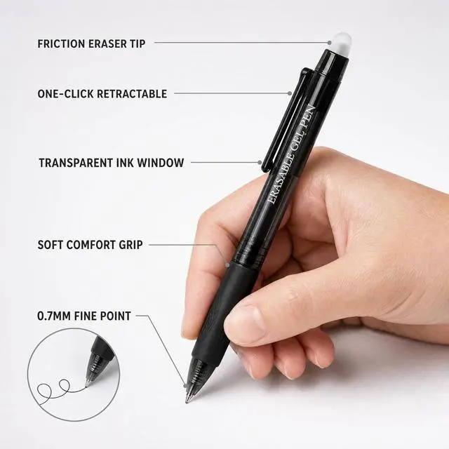 Alt view image 2 of 6 - Black Erasable Gel Pens, 12 Pack Retractable Erasable Pens Soft Black Ink, 0.7mm Fine Point Quick Dry, Clicker Pens for Note Taking, Work, Crossword Puzzles, School Office Supplies