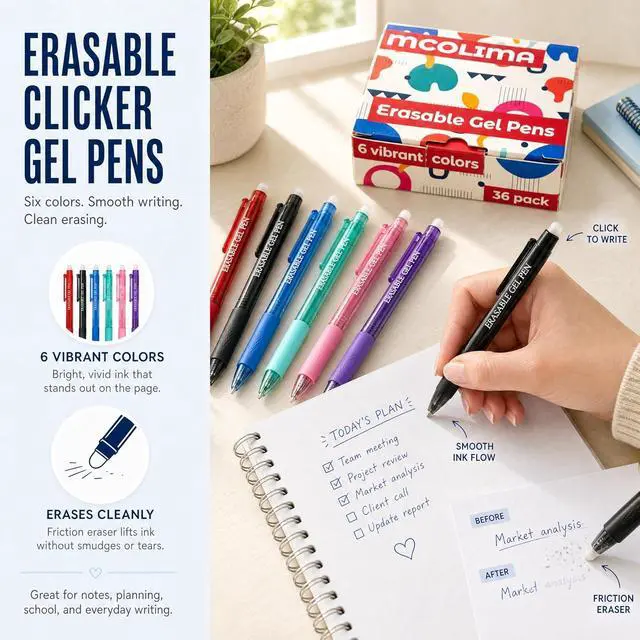 Alt view image 3 of 6 - Black Erasable Gel Pens, 12 Pack Retractable Erasable Pens Soft Black Ink, 0.7mm Fine Point Quick Dry, Clicker Pens for Note Taking, Work, Crossword Puzzles, School Office Supplies