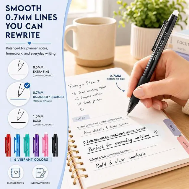 Alt view image 5 of 7 - Blue and Black Erasable Gel Pens, 12 Pack Retractable Erasable Pens, 0.7mm Fine Point Quick Dry Ink, Clicker Pens for Note Taking, Work Notes, Planners, School Office Supplies