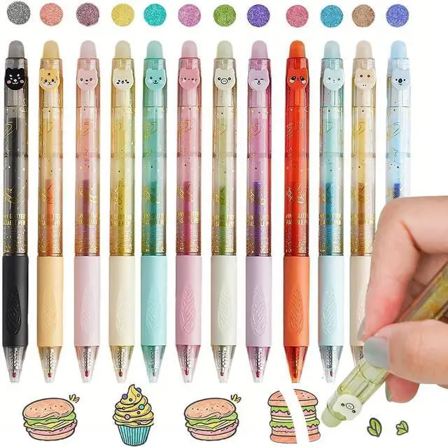 Main image of 12PCS Cute Glitter Erasable Gel Pens, Multicolor Fine Point 0.7mm | Retractable, for Journaling, Drawing, Note Taking