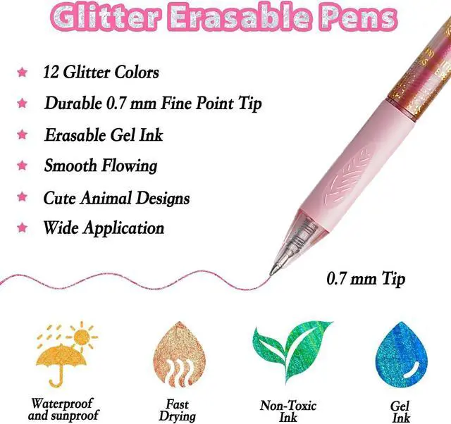 Alt view image 5 of 7 - 12PCS Cute Glitter Erasable Gel Pens, Multicolor Fine Point 0.7mm | Retractable, for Journaling, Drawing, Note Taking