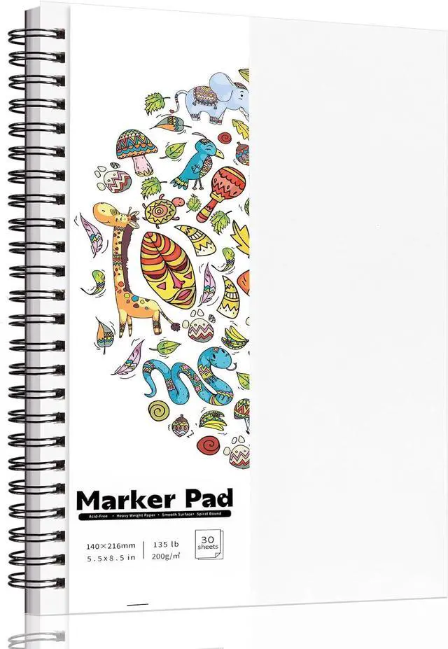Main image of 5.5 × 8.5 Inch Marker Paper Pad, 30 Sheets, 200gsm, Double-Sided | Bleedproof Acid-Free Paper, Smooth Surface, Spiral Bound, Tear-Off Pages, Works with Alcohol Markers, Pens & Acrylics