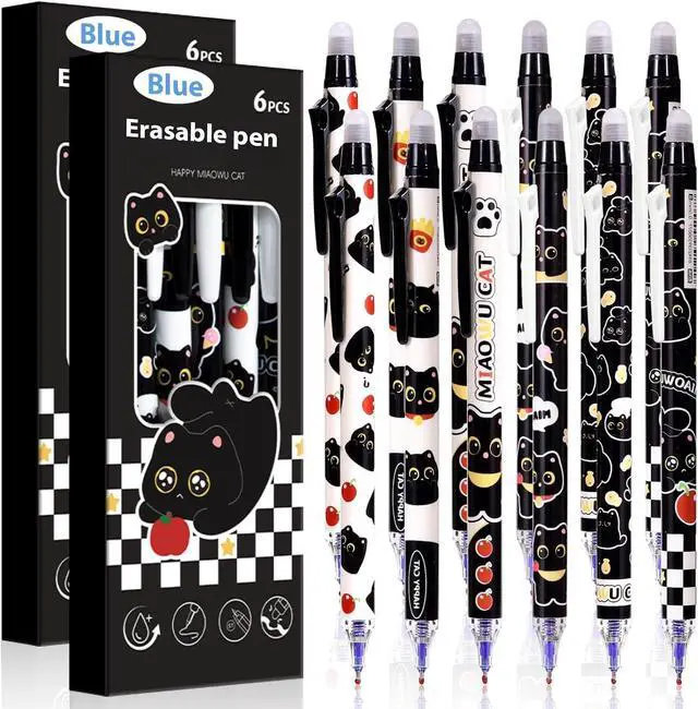 Main image of 12Pcs Black Cute Cat Erasable Pens, 0.5mm Blue Ink Retractable Gel Pens | Cute Cat Design with Smooth Writing, Ideal for Office, School, Journaling and Gifts for Cat Lovers
