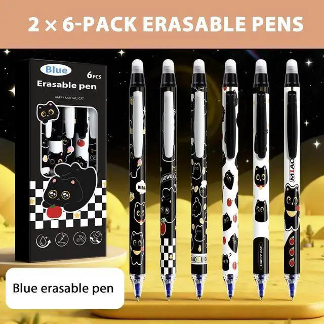 Alt view image 2 of 7 - 12Pcs Black Cute Cat Erasable Pens, 0.5mm Blue Ink Retractable Gel Pens | Cute Cat Design with Smooth Writing, Ideal for Office, School, Journaling and Gifts for Cat Lovers