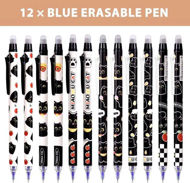 Alt view image 3 of 7 - 12Pcs Black Cute Cat Erasable Pens, 0.5mm Blue Ink Retractable Gel Pens | Cute Cat Design with Smooth Writing, Ideal for Office, School, Journaling and Gifts for Cat Lovers