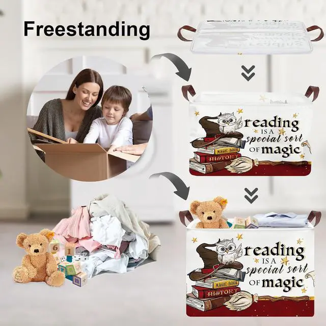 Alt view image 3 of 7 - Clastyle Magic Nursery Decor Baby Gift Basket Kid Large Book Potter Basket | Rectangle Dirty Clothes Book Gift Toy Organizer Nursery Bin, Playroom Bedroom Bathroom, Broomstick Wand Owl Brown Red Hat