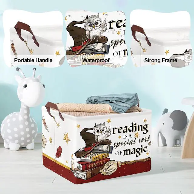 Alt view image 4 of 7 - Clastyle Magic Nursery Decor Baby Gift Basket Kid Large Book Potter Basket | Rectangle Dirty Clothes Book Gift Toy Organizer Nursery Bin, Playroom Bedroom Bathroom, Broomstick Wand Owl Brown Red Hat