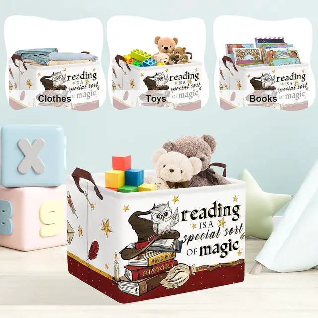 Alt view image 5 of 7 - Clastyle Magic Nursery Decor Baby Gift Basket Kid Large Book Potter Basket | Rectangle Dirty Clothes Book Gift Toy Organizer Nursery Bin, Playroom Bedroom Bathroom, Broomstick Wand Owl Brown Red Hat