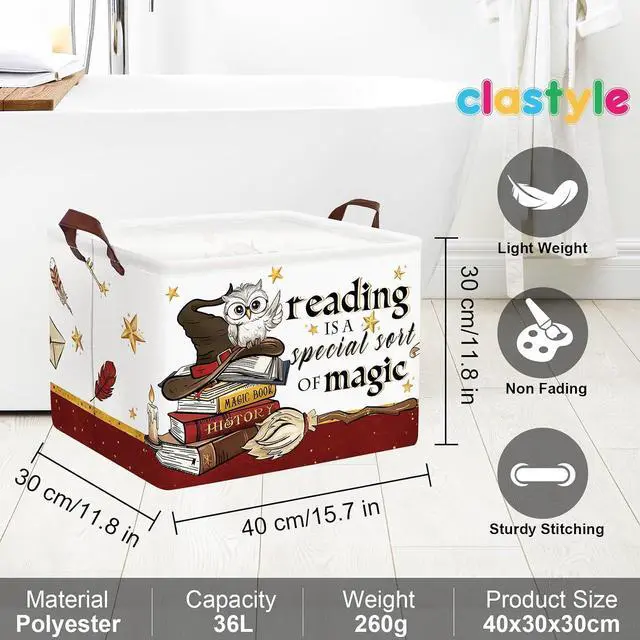 Alt view image 6 of 7 - Clastyle Magic Nursery Decor Baby Gift Basket Kid Large Book Potter Basket | Rectangle Dirty Clothes Book Gift Toy Organizer Nursery Bin, Playroom Bedroom Bathroom, Broomstick Wand Owl Brown Red Hat