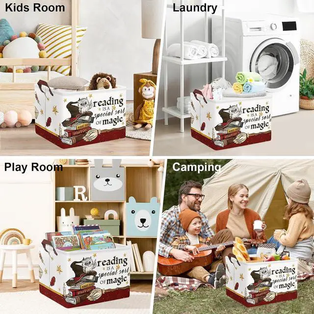 Alt view image 7 of 7 - Clastyle Magic Nursery Decor Baby Gift Basket Kid Large Book Potter Basket | Rectangle Dirty Clothes Book Gift Toy Organizer Nursery Bin, Playroom Bedroom Bathroom, Broomstick Wand Owl Brown Red Hat