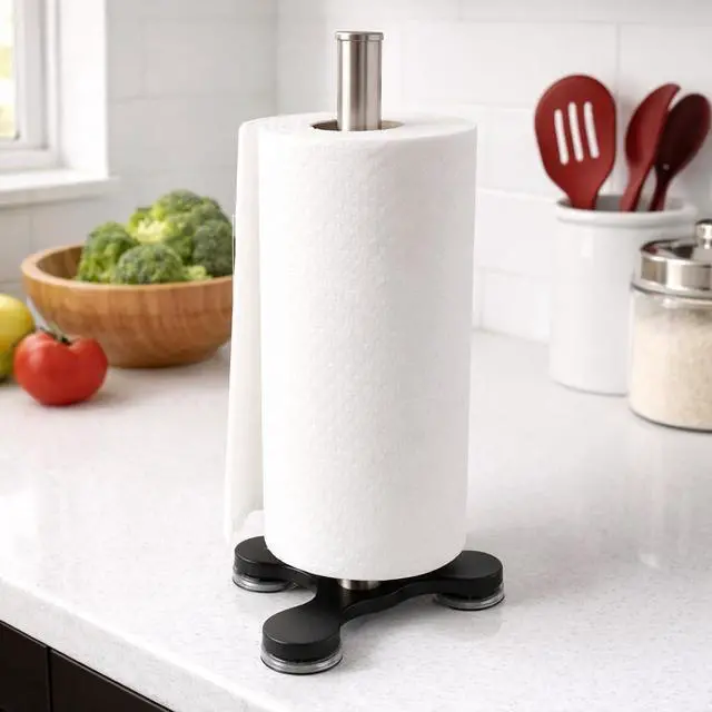 Alt view image 2 of 7 - Stainless Steel Suction Cup Paper Towel Holder Kitchen Bathroom Spare Toilet Paper Holder with Nonslip Stable Super Suction Grip Base Countertop (Black Base)