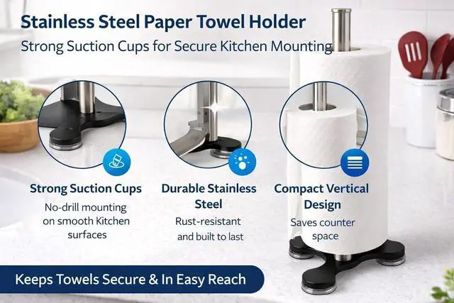 Alt view image 7 of 7 - Stainless Steel Suction Cup Paper Towel Holder Kitchen Bathroom Spare Toilet Paper Holder with Nonslip Stable Super Suction Grip Base Countertop (Black Base)