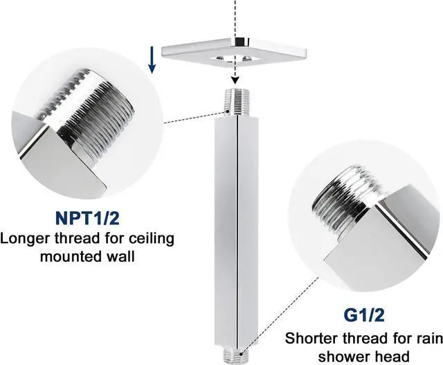 Alt view image 3 of 7 - NearMoon Ceiling Mounted Shower Arm with Flange, Universal Connection 1/2 NPT Straight Square Arm for Fixed Rain Shower Head, Made of Thicken Stainless Steel (6 Inch, Chrome)