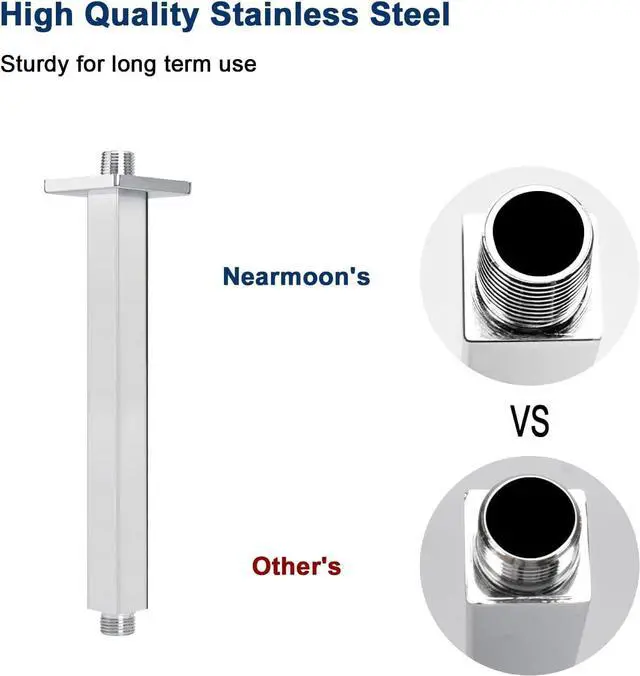 Alt view image 4 of 7 - NearMoon Ceiling Mounted Shower Arm with Flange, Universal Connection 1/2 NPT Straight Square Arm for Fixed Rain Shower Head, Made of Thicken Stainless Steel (6 Inch, Chrome)