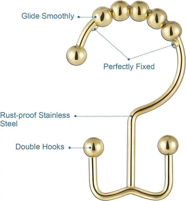 Alt view image 6 of 6 - TOPROD Shower Curtain Hooks Rings Shower Curtain Hangers for Bathroom Hooks | Gold,Stainless Steel,Rust Proof ,Durable,Free Gliding, Kitchen, Wardrobe,Set of 12