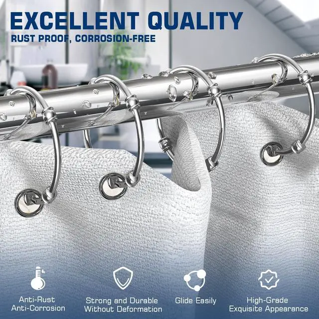 Alt view image 3 of 7 - Shower Curtain Rings, Rust-Resistant Metal Curtain Hooks for Bathroom, Glide Smoothly on Curtain Rod, Loose Leaf Rings Set of 12, Zinc Alloy Nickel