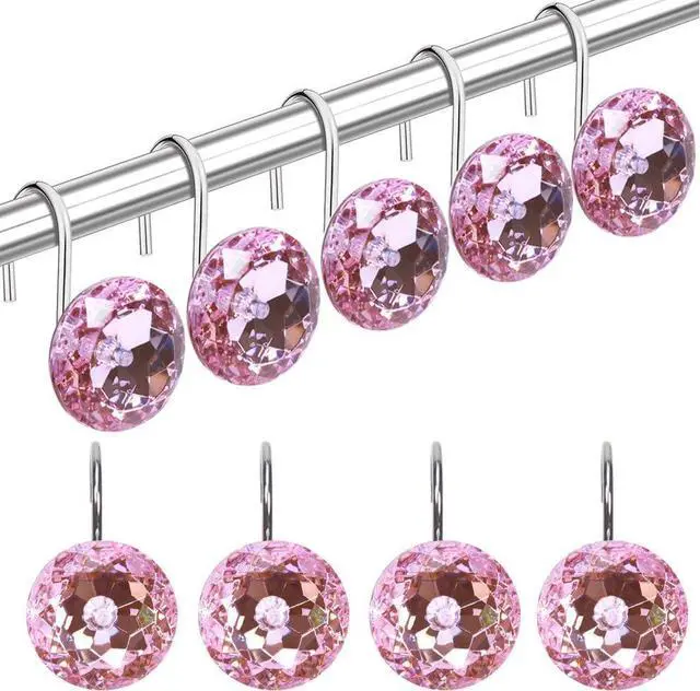 Main image of TOAOB 12pcs Pink Shower Curtain Hooks Rings Rust Proof Stainless Steel for Bathroom Curtains Rod Diamonds Rhinestone Decorative Round for Bathroom Curtain Shower Rod Accessories