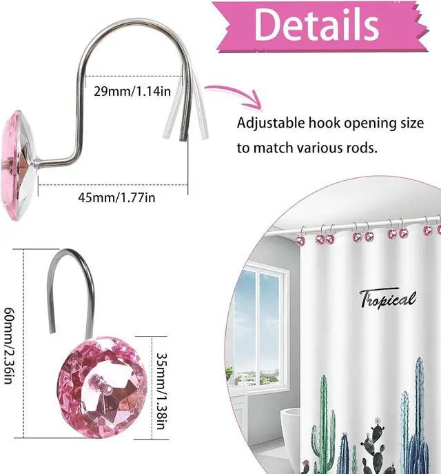 Alt view image 3 of 7 - TOAOB 12pcs Pink Shower Curtain Hooks Rings Rust Proof Stainless Steel for Bathroom Curtains Rod Diamonds Rhinestone Decorative Round for Bathroom Curtain Shower Rod Accessories