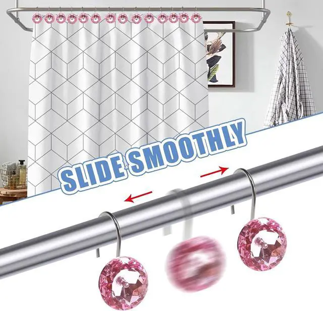 Alt view image 4 of 7 - TOAOB 12pcs Pink Shower Curtain Hooks Rings Rust Proof Stainless Steel for Bathroom Curtains Rod Diamonds Rhinestone Decorative Round for Bathroom Curtain Shower Rod Accessories