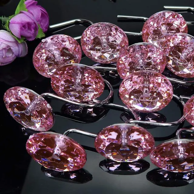 Alt view image 5 of 7 - TOAOB 12pcs Pink Shower Curtain Hooks Rings Rust Proof Stainless Steel for Bathroom Curtains Rod Diamonds Rhinestone Decorative Round for Bathroom Curtain Shower Rod Accessories