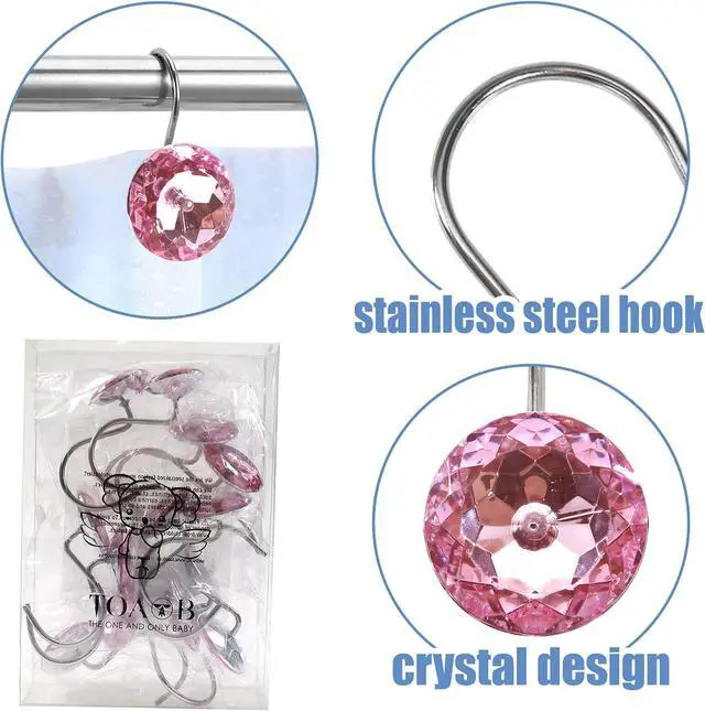 Alt view image 6 of 7 - TOAOB 12pcs Pink Shower Curtain Hooks Rings Rust Proof Stainless Steel for Bathroom Curtains Rod Diamonds Rhinestone Decorative Round for Bathroom Curtain Shower Rod Accessories