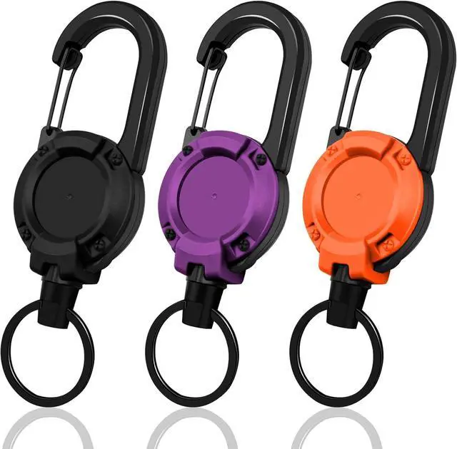 Main image of Retractable Keychain 3 Pack, Heavy Duty ID Badge Holder Reel, Multitool Carabine Key Holder for Keychain, Badge Holder with 25.6" Steel Retractable Cord Key Ring Clip, 8.8 oz (Black+Purple+Orange)