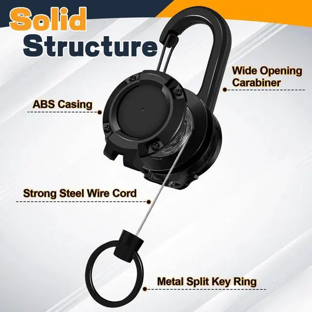 Alt view image 3 of 7 - Retractable Keychain 3 Pack, Heavy Duty ID Badge Holder Reel, Multitool Carabine Key Holder for Keychain, Badge Holder with 25.6" Steel Retractable Cord Key Ring Clip, 8.8 oz (Black+Purple+Orange)