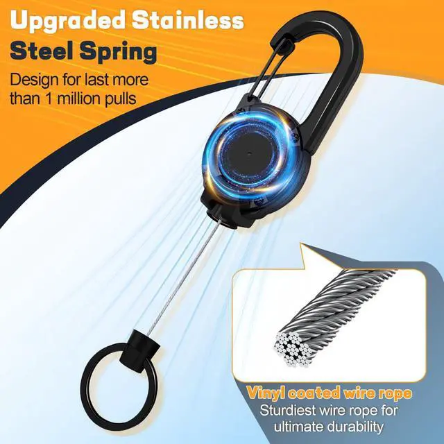 Alt view image 5 of 7 - Retractable Keychain 3 Pack, Heavy Duty ID Badge Holder Reel, Multitool Carabine Key Holder for Keychain, Badge Holder with 25.6" Steel Retractable Cord Key Ring Clip, 8.8 oz (Black+Purple+Orange)