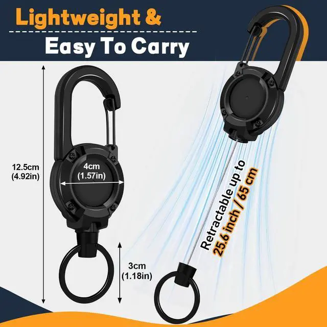 Alt view image 6 of 7 - Retractable Keychain 3 Pack, Heavy Duty ID Badge Holder Reel, Multitool Carabine Key Holder for Keychain, Badge Holder with 25.6" Steel Retractable Cord Key Ring Clip, 8.8 oz (Black+Purple+Orange)