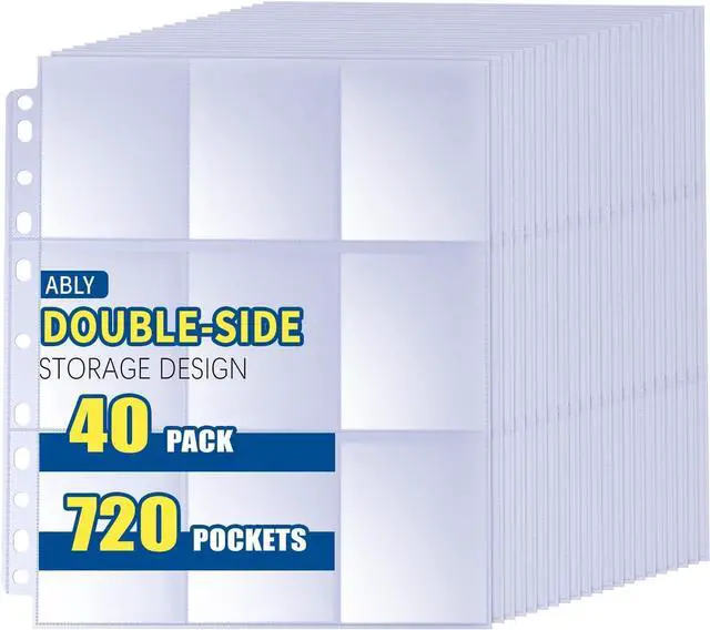 Main image of ABLY 720 Pocket Double Sided Card Sleeves, 9-Pocket, for 3 Ring Binder | 40 pages, trading card protector sheets for Pokemon, baseball, Skylanders, clear plastic, fit 3-ring binder