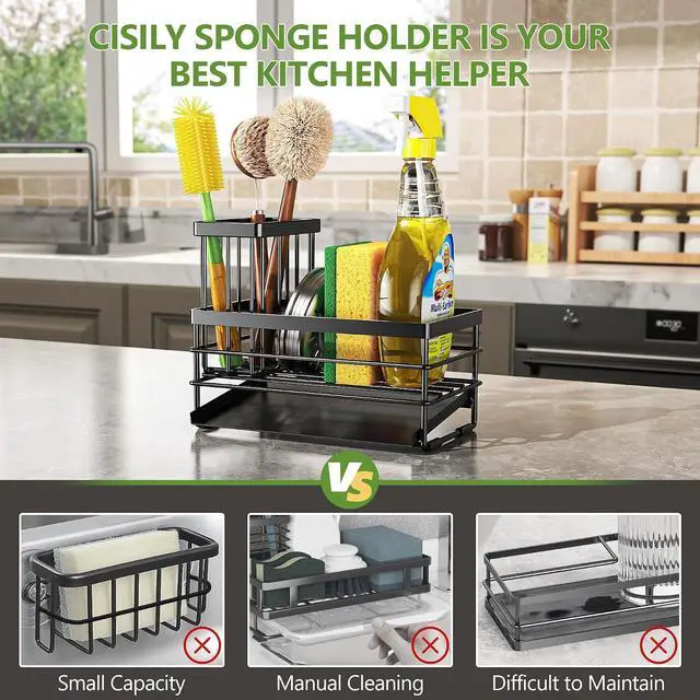 Alt view image 2 of 7 - Cisily Sink Caddy Sponge Holder for Kitchen with Brush Holder and Stainless Steel Self Drain Tray, Rustproof Kitchen Sink Organizer for Sponge, Soap Dispenser Storage Accessories