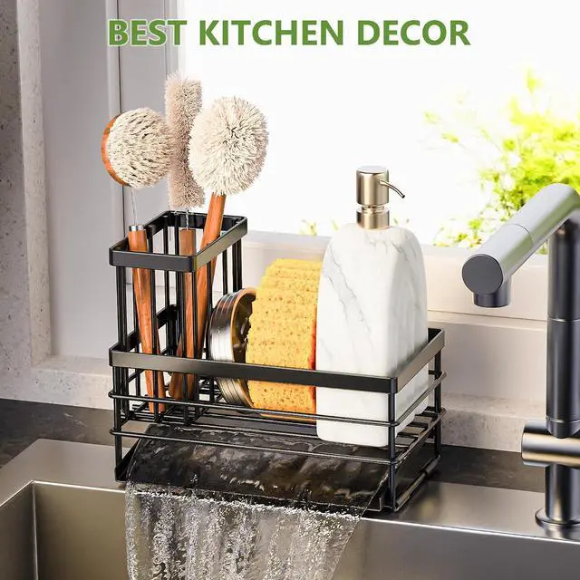 Alt view image 7 of 7 - Cisily Sink Caddy Sponge Holder for Kitchen with Brush Holder and Stainless Steel Self Drain Tray, Rustproof Kitchen Sink Organizer for Sponge, Soap Dispenser Storage Accessories