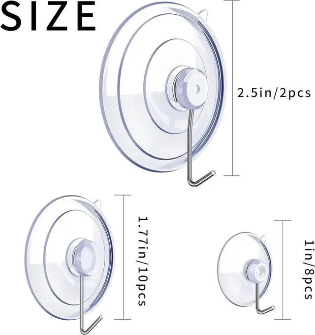 Alt view image 2 of 6 - 20PCS Suction Cup Hooks, 2.5Inch, 1.77Inch, 1Inch Suction Cups with Metal Hooks Removable, Suitable for Glass, Windows, Bathrooms, Kitchens, Tiles, Shower Cubicles