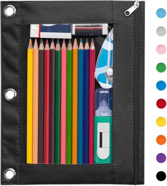 Main image of Forvencer Pencil Pouch for 3 Ring Binder, Large Pencil Case Pouch Binder | Zipper Pencil Pouch Pencil Bag with 3 Reinforced Grommets, Pen Bag, Clear Window Pencil Case, Binder Pencil Pouch Box, Black