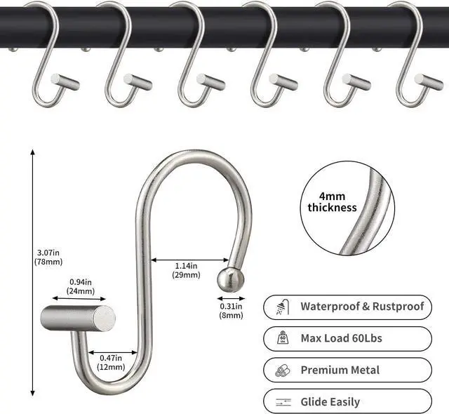Alt view image 5 of 7 - Gracelife Shower Curtain Hooks,Set of 12 Rust Resistant Metal Shower Curtain Rings for Bathroom,T-Bar Decorative Hooks Hangers for Shower Rod (Nickel)