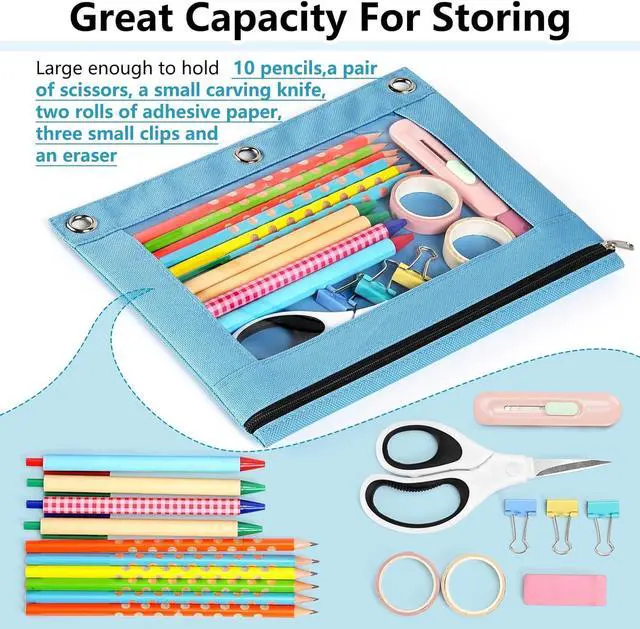 Alt view image 5 of 7 - Forvencer Pencil Pouch for 3 Ring Binder, Large Pencil Case Pouch Binder | Zipper Pencil Pouch Pencil Bag with 3 Reinforced Grommets, Pen Bag, Clear Window Pencil Case, Binder Pencil Pouch Box, Black