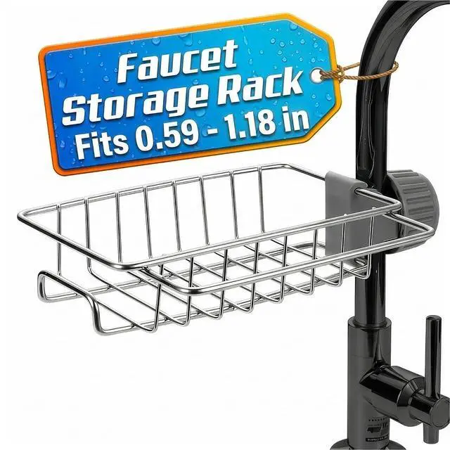Main image of Kitchen Sink Faucet Organizer, 6.77 in, Fits 0.59-1.18 in Pipes | Stainless Steel Sponge Holder for Kitchen Sink Around Faucet, Rust Resistant, No Drilling, Clamp On, Holds Brushes and Soap