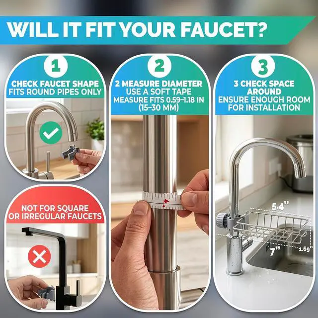 Alt view image 6 of 7 - Kitchen Sink Faucet Organizer, 6.77 in, Fits 0.59-1.18 in Pipes | Stainless Steel Sponge Holder for Kitchen Sink Around Faucet, Rust Resistant, No Drilling, Clamp On, Holds Brushes and Soap