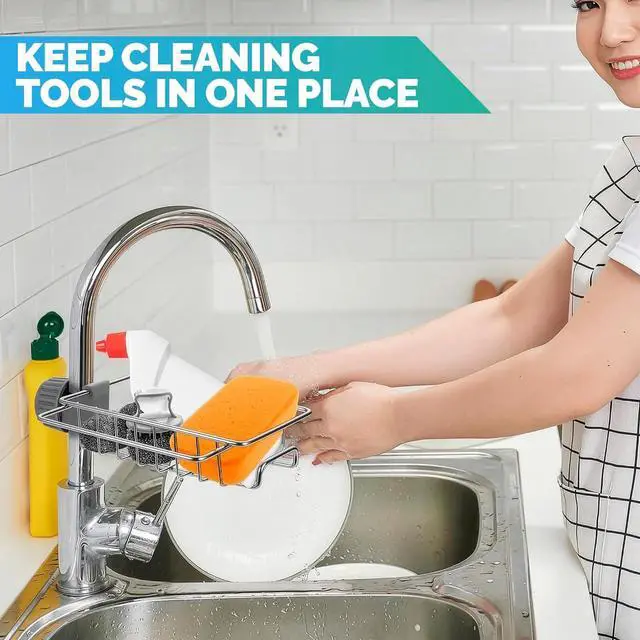 Alt view image 7 of 7 - Kitchen Sink Faucet Organizer, 6.77 in, Fits 0.59-1.18 in Pipes | Stainless Steel Sponge Holder for Kitchen Sink Around Faucet, Rust Resistant, No Drilling, Clamp On, Holds Brushes and Soap