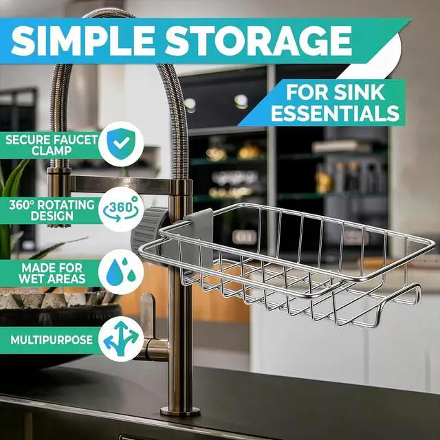 Alt view image 4 of 7 - Kitchen Sink Faucet Organizer, 6.77 in, Fits 0.59-1.18 in Pipes | Stainless Steel Sponge Holder for Kitchen Sink Around Faucet, Rust Resistant, No Drilling, Clamp On, Holds Brushes and Soap