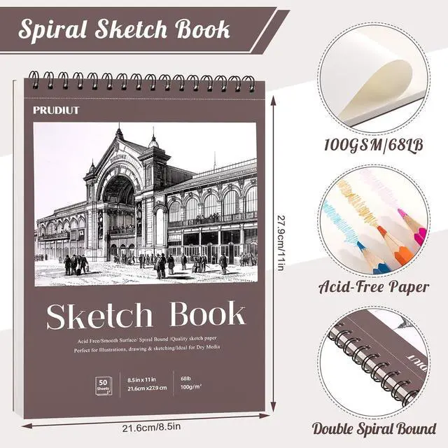 Alt view image 3 of 7 - 8.5 × 11 Sketch Book, Spiral Bound, 50 Sheets, Acid-Free Drawing Pad | 68lb/100gsm Paper, Perforated Pages, 360° Spiral Binding, Hard Backing, for Pencil, Charcoal, Pastel & Back To School Gifts