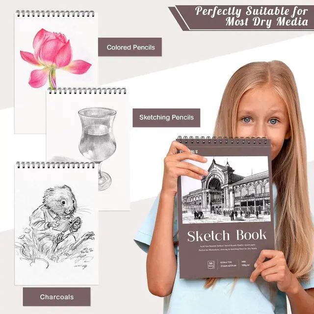 Alt view image 6 of 7 - 8.5 × 11 Sketch Book, Spiral Bound, 50 Sheets, Acid-Free Drawing Pad | 68lb/100gsm Paper, Perforated Pages, 360° Spiral Binding, Hard Backing, for Pencil, Charcoal, Pastel & Back To School Gifts