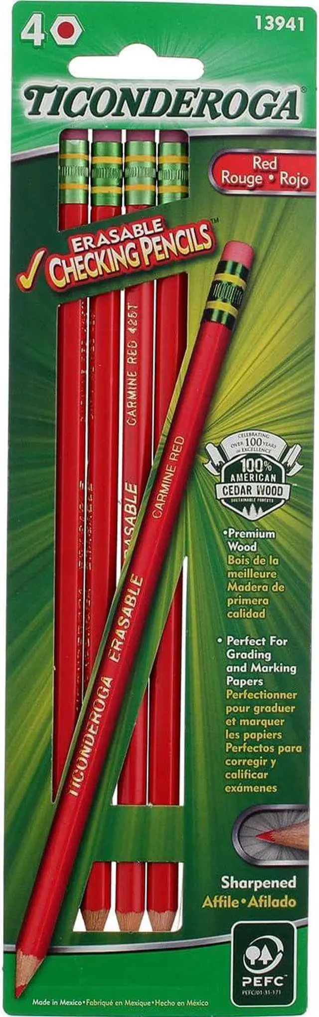 Main image of Ticonderoga Erasable Checking Pencils, Eraser Tipped, Pre-Sharpened, Red, 4 Pack (2 pencils per Pack) (13901)