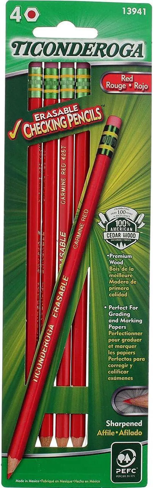 Alt view image 3 of 4 - Ticonderoga Erasable Checking Pencils, Eraser Tipped, Pre-Sharpened, Red, 4 Pack (2 pencils per Pack) (13901)